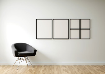 Blank group of picture frame for insert text or image inside on wood table in living room.	
