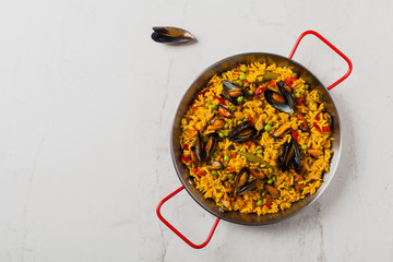 Traditional paella with mussels.