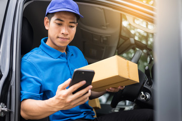 messenger man hold box and talk on smart phone and payment terminal in hands, Package delivery...