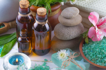 SPA accessories for massage in a composition on a light background