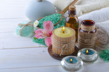 SPA accessories for massage in a composition on a light background