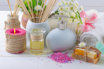 SPA accessories for massage in a composition on a light background