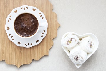 Turkish coffee with milk cream chocolate pistachio flavored white Turkish delight