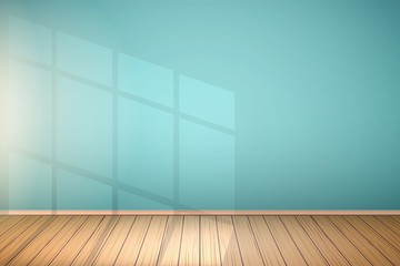 Example of an empty room with blue walls and light from the window. Simple interior without furnish and furniture. Sunlight reflected on the wall. Vector.