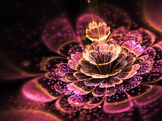 Naklejka premium Różowy fraktal kwiat ze złotym błyszczącym pyłkiem, cyfrowa grafika do kreatywnego projektowania graficznego