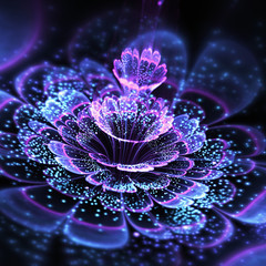 Naklejka premium Ciemny fraktal kwiat z błyszczącym pyłkiem, cyfrowa grafika do kreatywnego projektowania graficznego