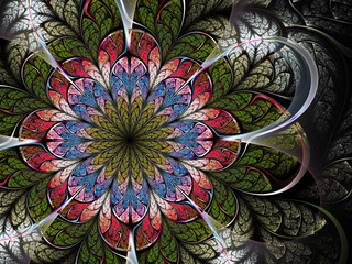 Naklejka premium Light blue and green fractal flower, digital artwork for creativ