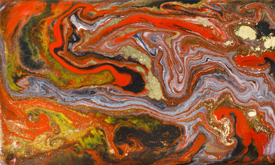 Marble abstract acrylic background. Red marbling artwork texture. Agate ripple pattern. Gold powder.