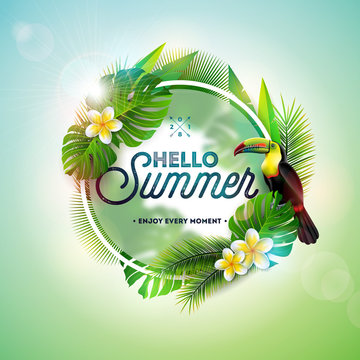 Hello Summer illustration with toucan bird on tropical background. Exotic leaves and flower with holiday typography element. Vector design template for banner, flyer, invitation, brochure, poster or