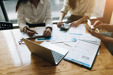 Business People Meeting Conference Discussion Corporate Concept in meeting room with computer laptop and calculator, Business Team Meetings present work plan