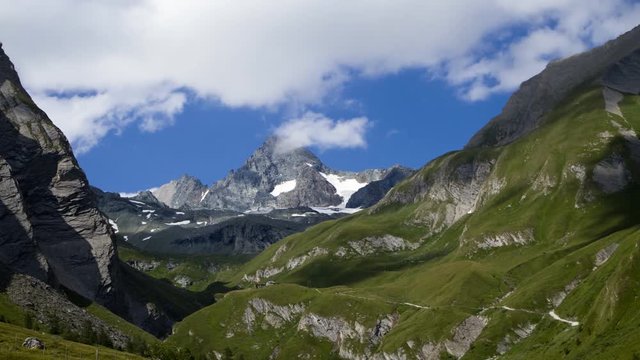 Time lapse shot of the alpine landscape of Koednitztal, Eastern Tyrol, Austria, prominently featureing Austria's highest mountain, the Grossglockner.