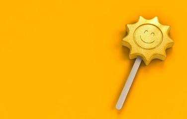 popsicle ice lolly in shape of a loughing sun as a symbol for the summer on orange background with copy space - 3d rendering