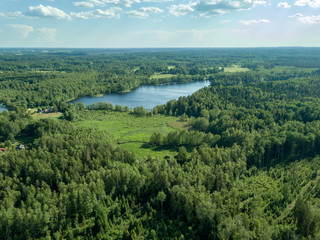 Fototapeta na wymiar drone image. country lake surrounded by pine forest and fields from above