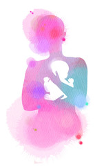 Happy family silhouette on watercolor background. Mother and baby. Mother's day. Digital art painting