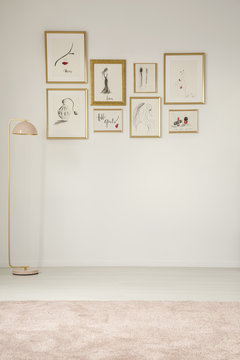 Paintings in golden frames on the white wall, pastel lamp and carpet in an empty room interior