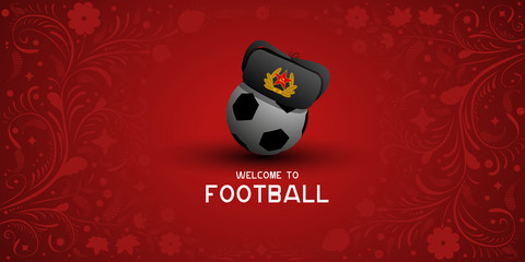 Background on Football in Russia. Hat earflaps on the ball. Russian pattern background. Football in Russia in 2018. Football championship.