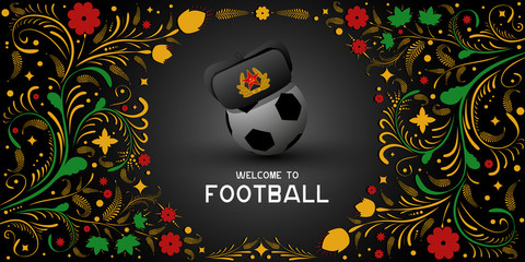 Fototapeta premium Background on Football in Russia. Hat earflaps on the ball. Russian pattern background. Football in Russia in 2018. Football championship.