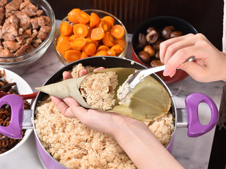 Procedure step of making zongzi or rice dumpling recipe on Dragon Boat Festival, Asian traditional food