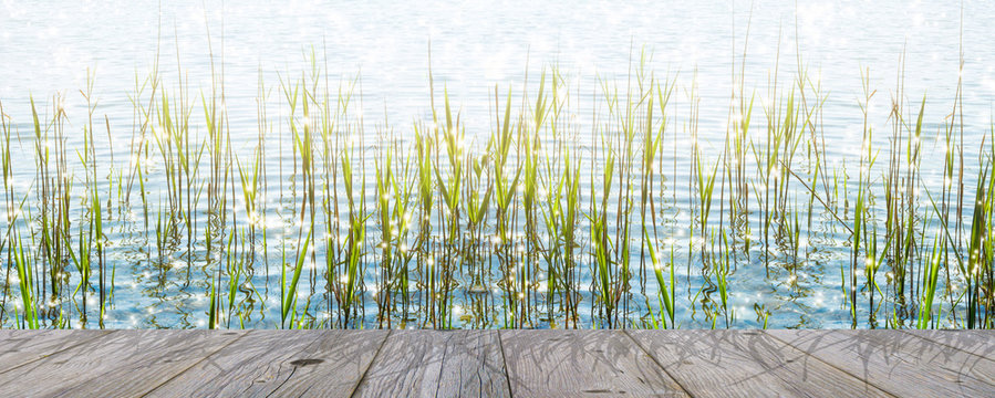 holzsteg am ufer mit werbefl&auml;che