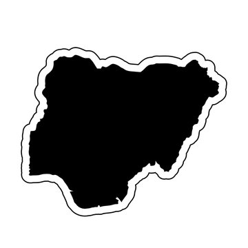 Black silhouette of the country Nigeria with the contour line or frame. Effect of stickers, tag and label. Vector illustration.