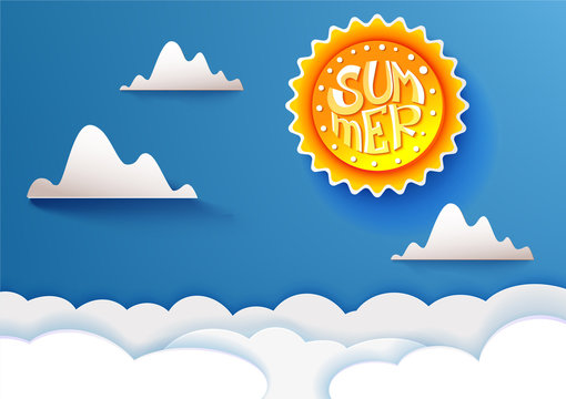 Blue sky with clouds and sun. Paper art cut out style. Vector illustrtaion. Cute summer lettering on sun circle.