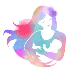 Happy family silhouette on watercolor background. Mother and baby. Mother's day. Digital art painting