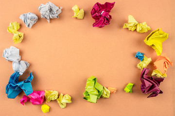 Crumpled Color paper balls frame. Empty space for text and design