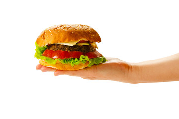 Hand holding burger isolated on white background.