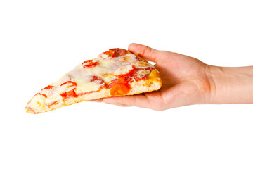 Hand holds piece of pizza isolated on white background.
