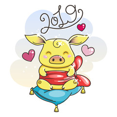Cute cartoon pig in love. Symbol of New 2019 Year