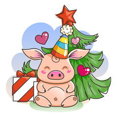Obraz na płótnie Canvas Cute cartoon pig in love. Symbol of New 2019 Year