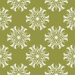 White floral seamless pattern on olive green background