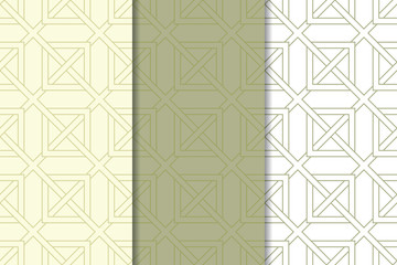 Olive green and white geometric set of seamless patterns