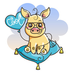 Obraz na płótnie Canvas Cute cartoon golden baby pig in a cool sunglasses