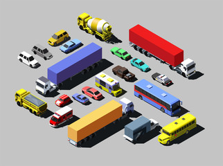 Vector isometric road cars, trucks and other vehicles