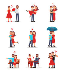 Flat vector set of romantic couples in different actions. Cartoon characters of young men and women on the dates
