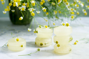 Ice cubes of chamomile tea and chamomile for cosmetic purposes on a background of a bouquet of daisies.