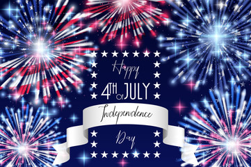 4th of July, American Independence Day celebration Flyer, Banner, Template or Invitation design with National Flag and Sparkling Fireworks.