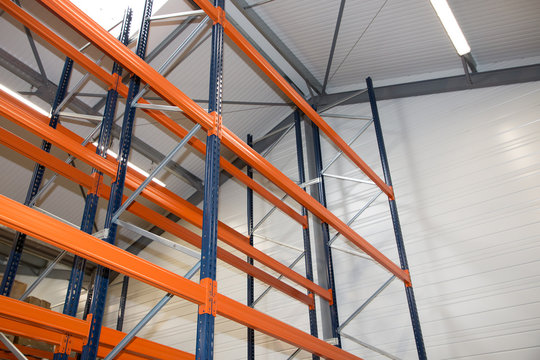 Pallet racking system equipment for warehouse shelves, racks blue orange