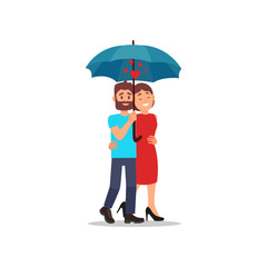 Flat vector icon of lovely couple walking in embrace. Man holding blue umbrella. Beautiful young girl and bearded guy on the date