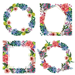 Tropical bouquet flower. Floral botanical flower. Frame border ornament square. Aquarelle wildflower for background, texture, wrapper pattern, frame or border.