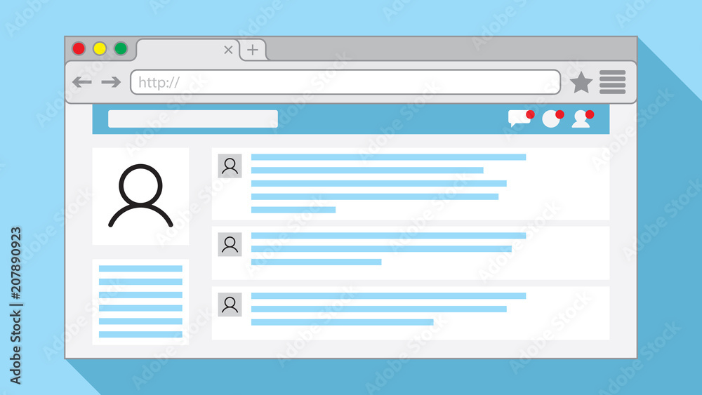 Wall mural internet browser window with an open social network web page on light blue background