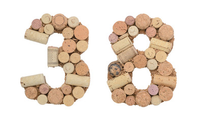 Number 38 thirty eight made of wine corks Isolated on white background