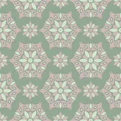 Floral seamless pattern. Olive green background with pale pink flower elements