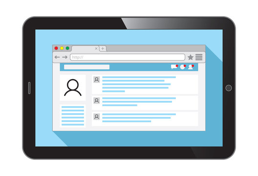 Vector realistic tablet  PC. Internet browser window with an open social network web page on light blue background