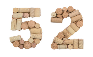 Number 52 fifty two made of wine corks Isolated on white background