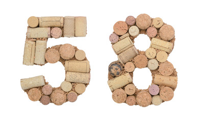 Number 58 fifty eight made of wine corks Isolated on white background