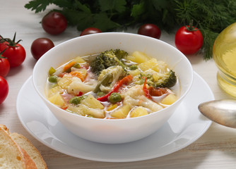 Minestrone soup. Vegetable soup with tomato, celery, carrot, zucchini, onion, pepper, broccoli. Side view