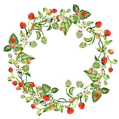 Composition of raspberry berries. Watercolor drawing handmade. Template, frame.