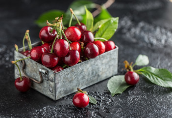 Fresh cherry with water drops on dark stone background. Fresh cherries background. Healthy food concept